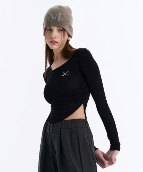 MUCENT(ムセント)/Uネック 裾ラウンド サイドシャーリング カットソー/Four Seasons See-through Signature Logo Yu-neck Shirring Tee | AT2251002 | ブラック