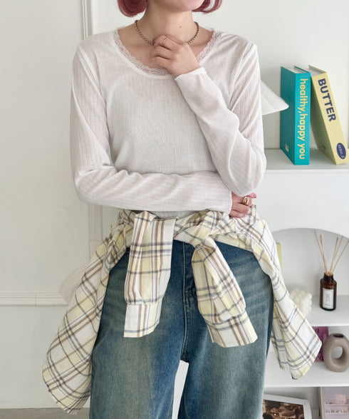 レース付き長袖インナートップス | NU2251059 | ホワイト