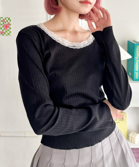 レース付き長袖インナートップス | NU2251059 | ブラック