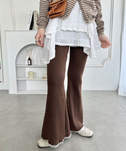 裾レースリブパンツ | NU2255076 | ブラウン