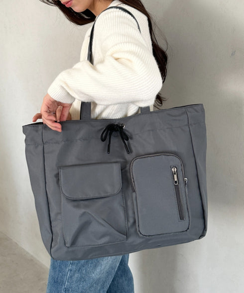 【A4収納可／詳細動画付き】大容量 軽量 多収納トートバッグ ナイロン巾着バッグ | WR1255011 | チャコールグレー