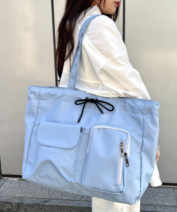 10色展開【A4収納可／詳細動画付き】大容量 軽量 多収納トートバッグ ナイロン巾着バッグ | WR1255011 | ライトブルー