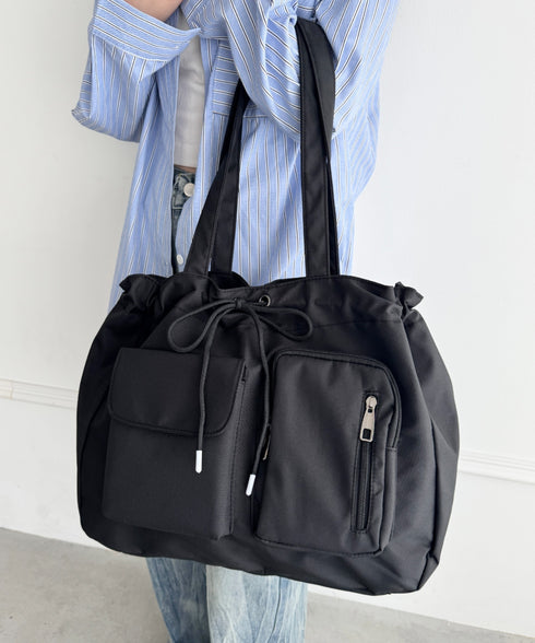 【A4収納可／詳細動画付き】大容量 軽量 多収納トートバッグ ナイロン巾着バッグ | WR1255011 | ブラック