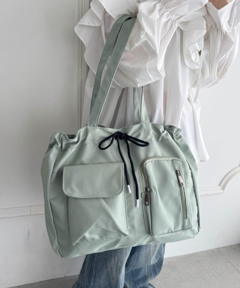 【A4収納可／詳細動画付き】大容量 軽量 多収納トートバッグ ナイロン巾着バッグ | WR1255011 | カーキ