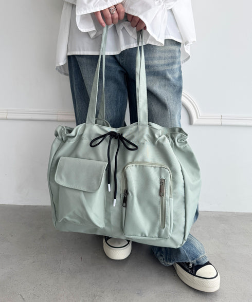 【A4収納可／詳細動画付き】大容量 軽量 多収納トートバッグ ナイロン巾着バッグ | WR1255011 | カーキ