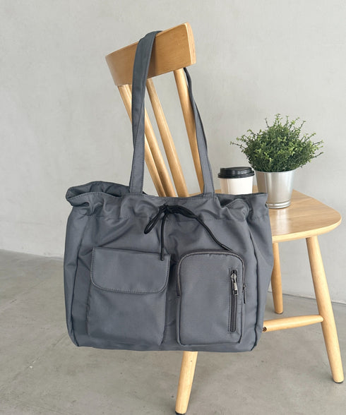 【A4収納可／詳細動画付き】大容量 軽量 多収納トートバッグ ナイロン巾着バッグ | WR1255011 | チャコールグレー