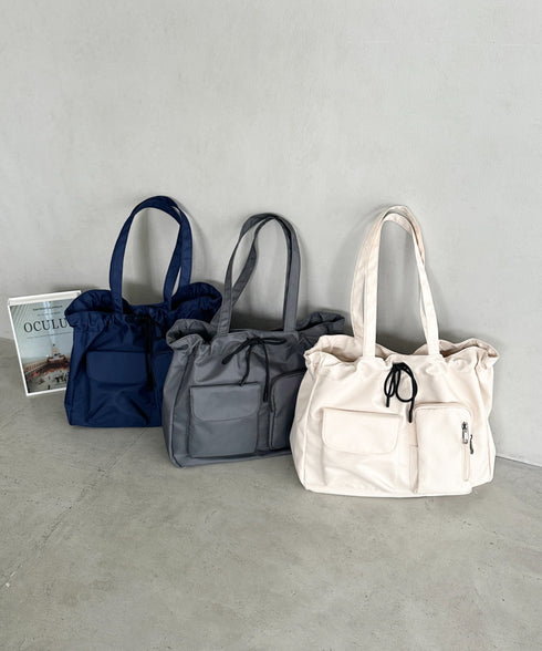 【A4収納可／詳細動画付き】大容量 軽量 多収納トートバッグ ナイロン巾着バッグ | WR1255011 | ネイビー