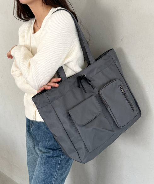 【A4収納可／詳細動画付き】大容量 軽量 多収納トートバッグ ナイロン巾着バッグ | WR1255011 | チャコールグレー