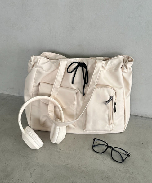 【A4収納可／詳細動画付き】大容量 軽量 多収納トートバッグ ナイロン巾着バッグ | WR1255011 | ホワイト系その他