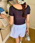 レーストリム小花柄VネックTシャツ　カップ付き | EV2252004 | ブラック