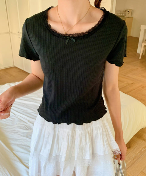 レーストリムリブショートTシャツ | EV2252005 | ブラック