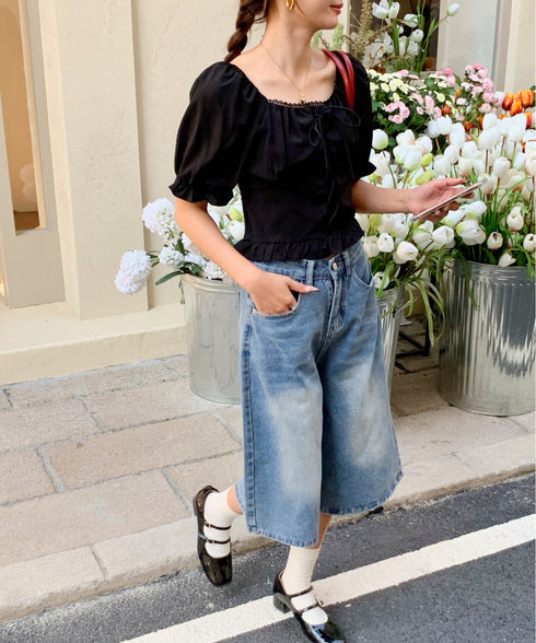 2WAYレースアップパフスリーブ半袖ブラウス | EV2252008 | ブラック