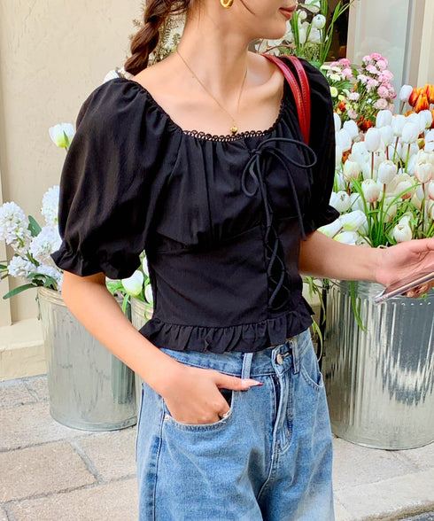 2WAYレースアップパフスリーブ半袖ブラウス | EV2252008 | ブラック