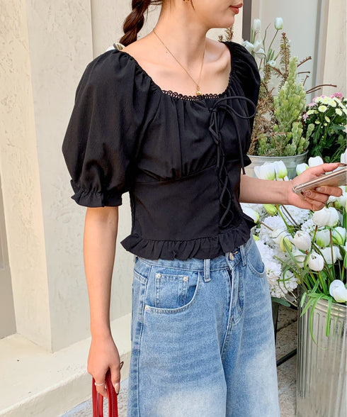 2WAYレースアップパフスリーブ半袖ブラウス | EV2252008 | ブラック