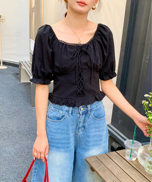 2WAYレースアップパフスリーブ半袖ブラウス | EV2252008 | ブラック