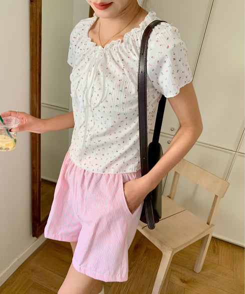 2WAY小花柄シャーリング半袖ブラウス | EV2252011 | ホワイト