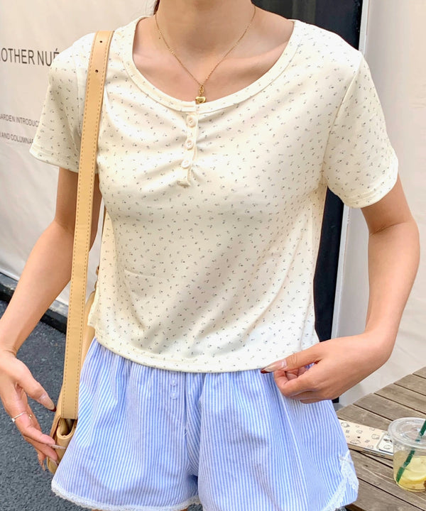 小花柄ヘンリーネックショートTシャツ | EV2252013 | クリーム