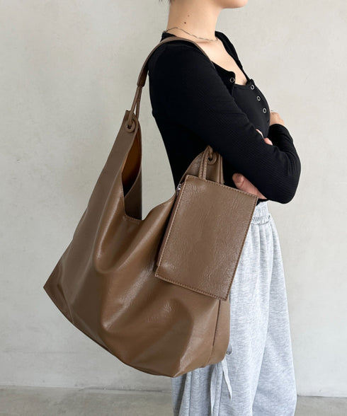 ポーチ付きワンハンドルPUトートバッグ | BA1255020 | ブラウン
