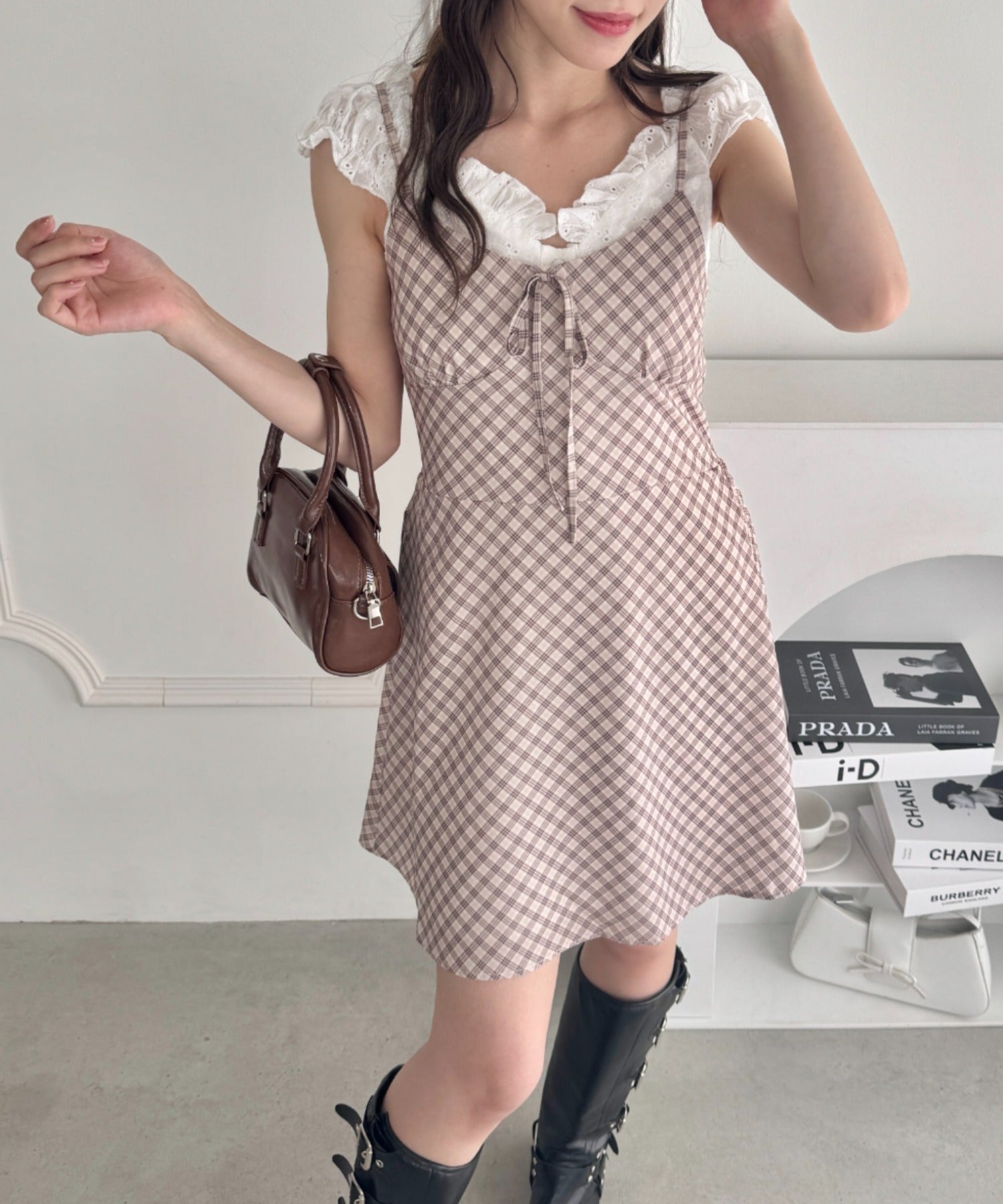 BURBERRY LONDON ノバチェックキャミソールワンピース リボン 麻 BURBERRY LONDON ノバチェックキャミソールワンピース リボン 麻