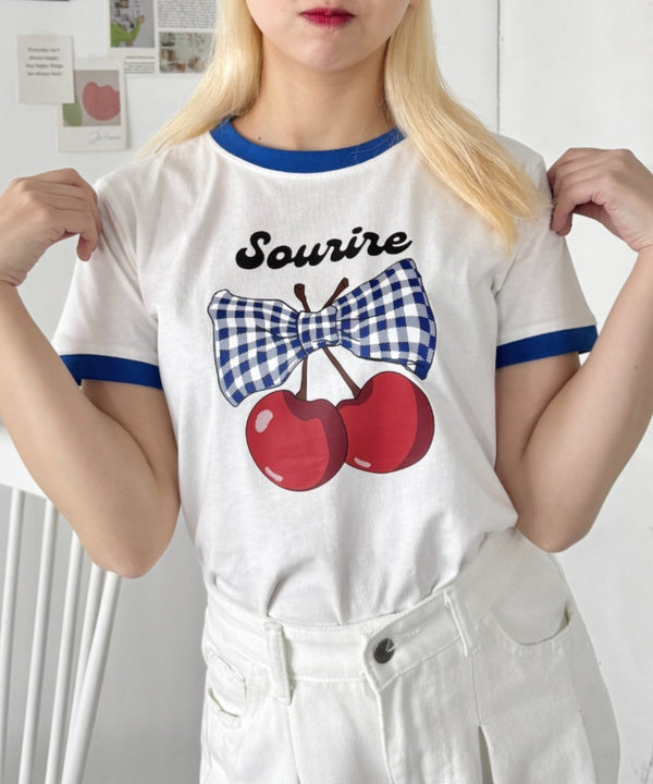 チェリーリボン半袖リンガーTシャツ | SL2252019 | ブルー