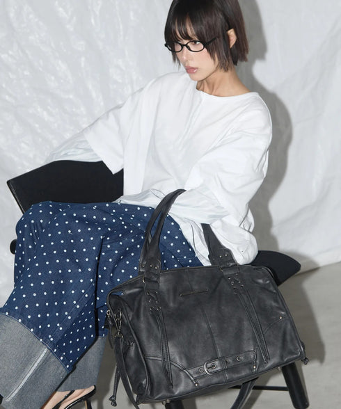 FANCY CLUB(ファンシークラブ)/大容量 2WAY ヴィンテージ ウォッシング ショルダー トートバッグ/BELTED WASHING LEATHER BAG | AT1252068 | ブラック