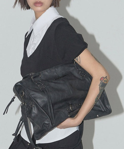 FANCY CLUB(ファンシークラブ)/大容量 2WAY ヴィンテージ ウォッシング ショルダー トートバッグ/BELTED WASHING LEATHER BAG | AT1252068 | ブラック
