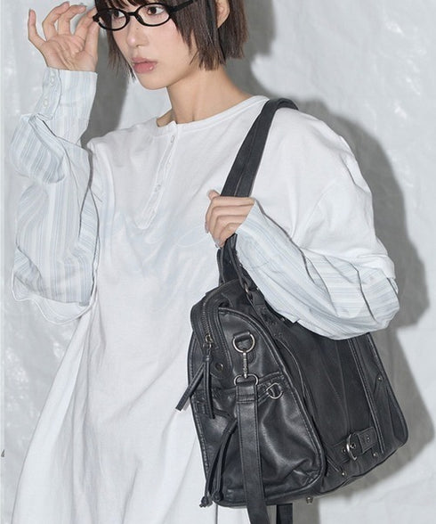FANCY CLUB(ファンシークラブ)/大容量 2WAY ヴィンテージ ウォッシング ショルダー トートバッグ/BELTED WASHING LEATHER BAG | AT1252068 | ブラック