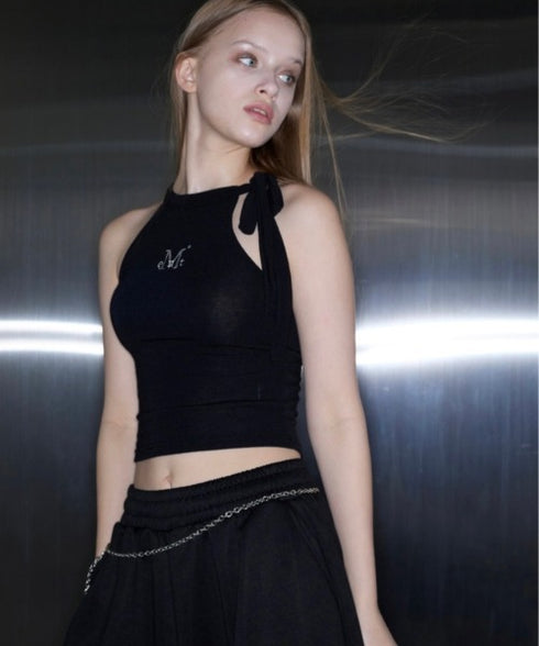 MUCENT(ムセント)/リボン クロップド ホルターネック タンクトップ/Bow-up Ribbon Crop Halter Sleeveless | AT2252081 | ブラック