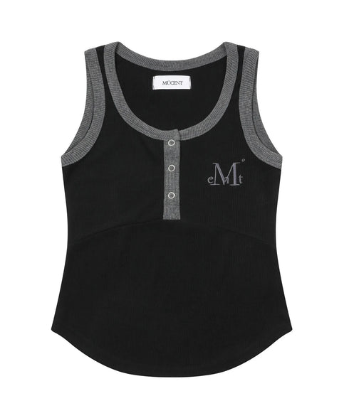 MUCENT(ムセント)/配色 ボタン リブ タンクトップ/COLOR-POP BUTTON CROP SLEEVELESS | AT2252082 | ブラック