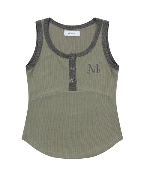 MUCENT(ムセント)/配色 ボタン リブ タンクトップ/COLOR-POP BUTTON CROP SLEEVELESS | AT2252082 | カーキ