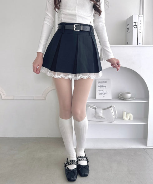 ベルト付き裾レースプリーツミニスカパン | LO2253007 | ブラック