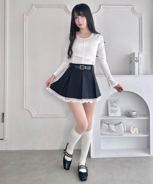 ベルト付き裾レースプリーツミニスカパン | LO2253007 | ブラック