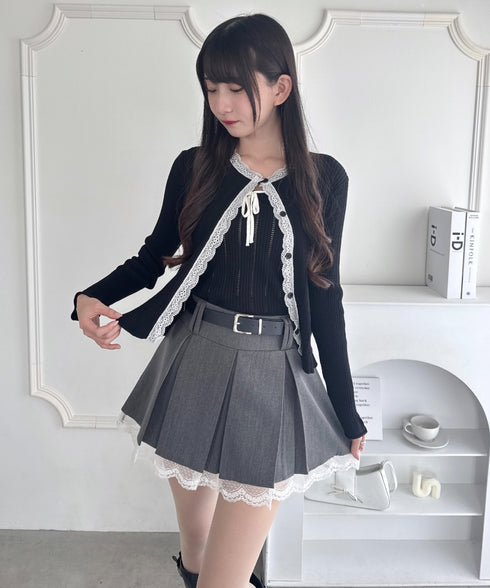 ベルト付き裾レースプリーツミニスカパン | LO2253007 | グレー