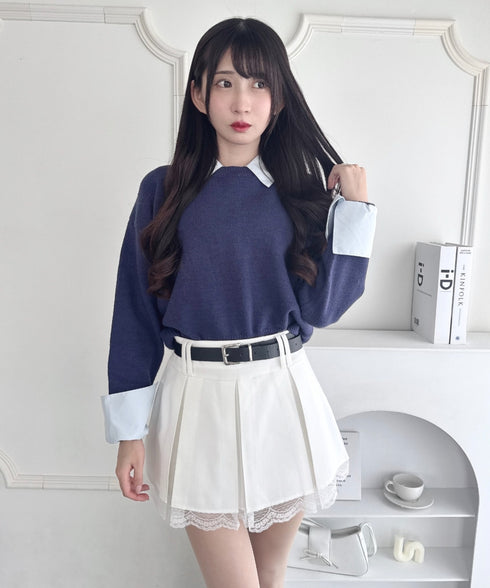 ベルト付き裾レースプリーツミニスカパン | LO2253007 | ホワイト
