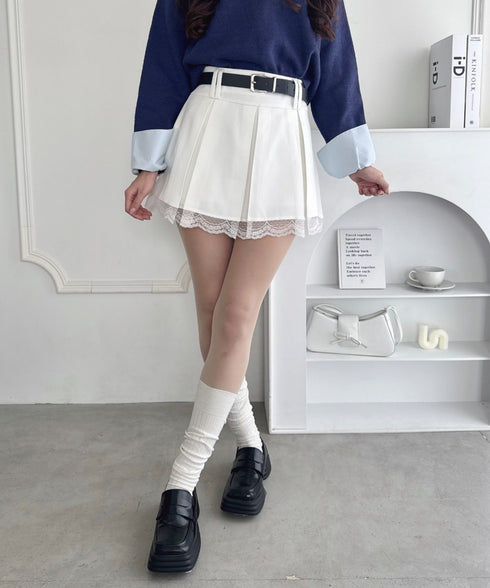 ベルト付き裾レースプリーツミニスカパン | LO2253007 | ホワイト