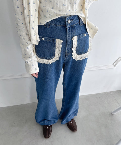 コットンレースポケットデニムパンツ | LO2256013 | ブルー