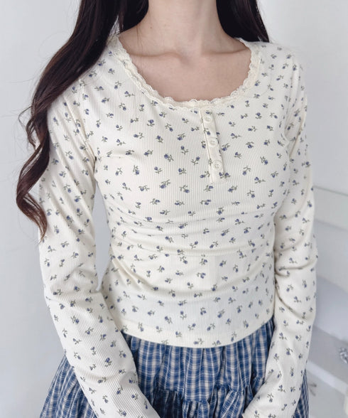 ヘンリーネック小花柄レーストリムトップス | LO2256022 | アイボリー