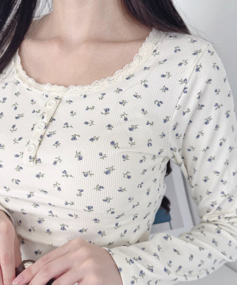 ヘンリーネック小花柄レーストリムトップス | LO2256022 | アイボリー
