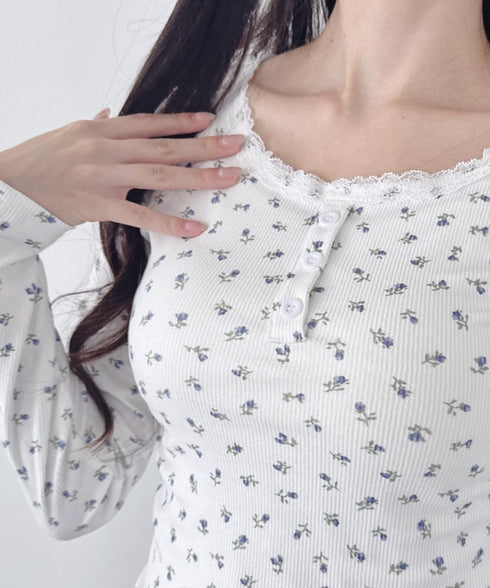 ヘンリーネック小花柄レーストリムトップス | LO2256022 | ホワイト