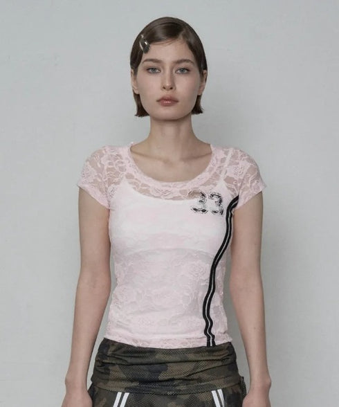 SETUPEXE(セットアップイーエックスイー)/レース 半袖 Tシャツ/33 LACE TOP | AT2253027 | ピンク