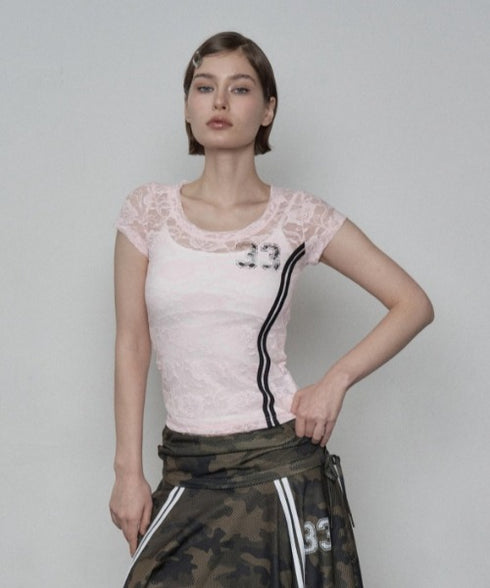 SETUPEXE(セットアップイーエックスイー)/レース 半袖 Tシャツ/33 LACE TOP | AT2253027 | ピンク