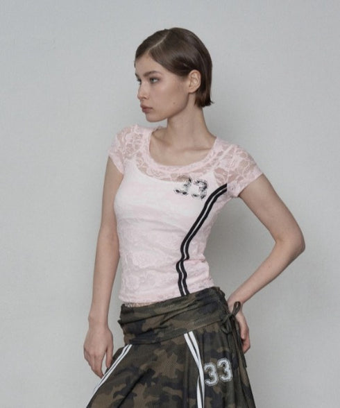 SETUPEXE(セットアップイーエックスイー)/レース 半袖 Tシャツ/33 LACE TOP | AT2253027 | ピンク