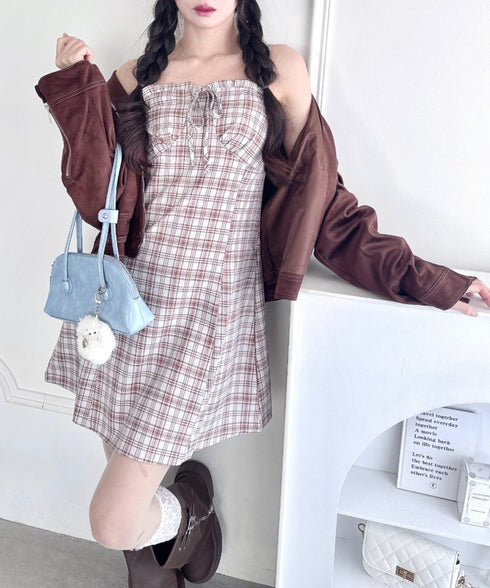 チェックフリルリボンワンピース | LO2253012 | ブラウン
