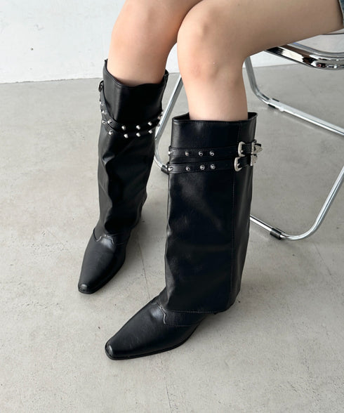 スタッズダブルベルトカバーロングブーツ | BA3256019 | ブラック