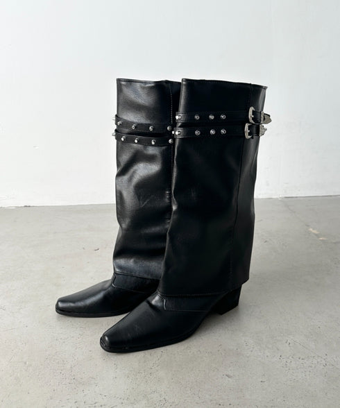 スタッズダブルベルトカバーロングブーツ | BA3256019 | ブラック