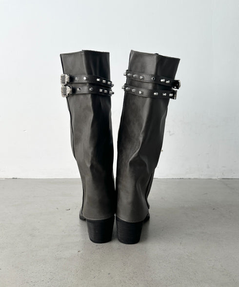 スタッズダブルベルトカバーロングブーツ | BA3256019 | ダークブラウン