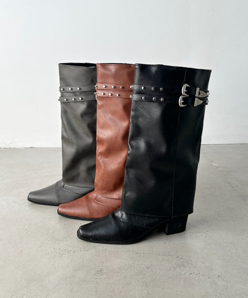 スタッズダブルベルトカバーロングブーツ | BA3256019 | ダークブラウン