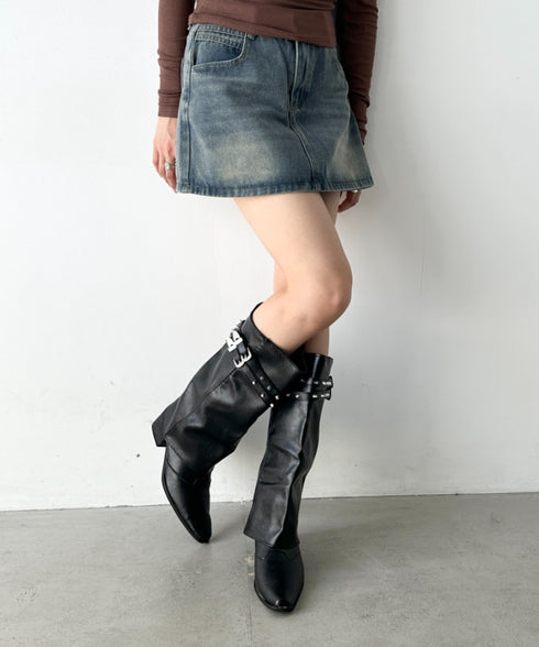 スタッズダブルベルトカバーロングブーツ | BA3256019 | ブラック