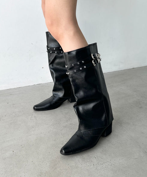 スタッズダブルベルトカバーロングブーツ | BA3256019 | ブラック