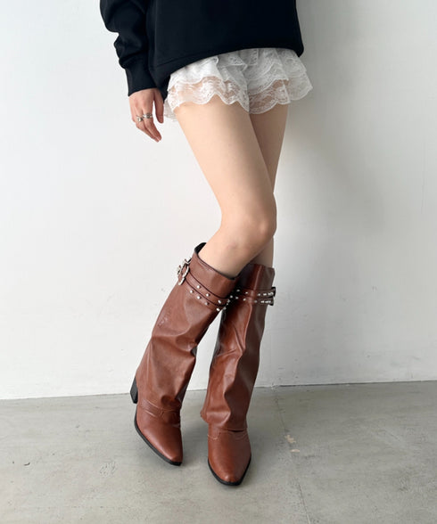 スタッズダブルベルトカバーロングブーツ | BA3256019 | ブラウン